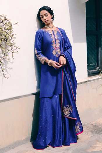 Buy_Pink City by Sarika_Blue Silk Round Neck Neel Mor Embroidered Kurta Sharara Set 