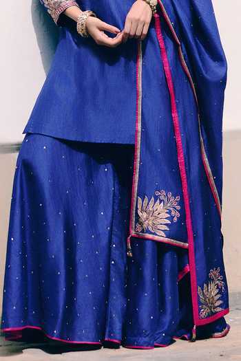 Shop_Pink City by Sarika_Blue Silk Round Neck Neel Mor Embroidered Kurta Sharara Set 