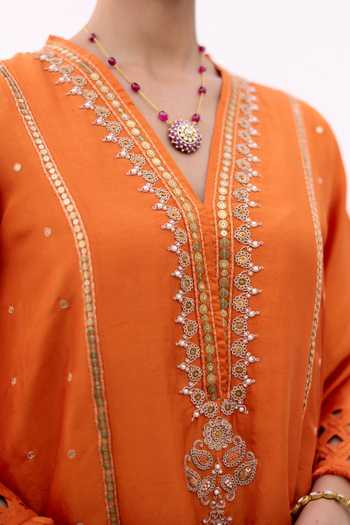 Pink City by Sarika Orange Silk V-neck Saffron Embroidered Kurta And Dhoti Pant Set Online at Aza Fashions Pink City by Sarika_Orange Silk V-neck Saffron Embroidered Kurta And Dhoti Pant Set _Online_at_Aza_Fashions
