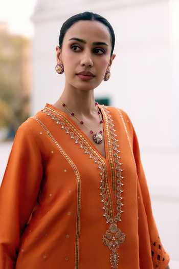 Buy_Pink City by Sarika_Orange Silk V-neck Saffron Embroidered Kurta And Dhoti Pant Set _Online_at_Aza_Fashions
