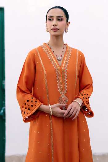 Shop_Pink City by Sarika_Orange Silk V-neck Saffron Embroidered Kurta And Dhoti Pant Set _Online_at_Aza_Fashions