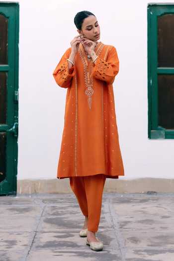 Pink City by Sarika_Orange Silk V-neck Saffron Embroidered Kurta And Dhoti Pant Set _at_Aza_Fashions