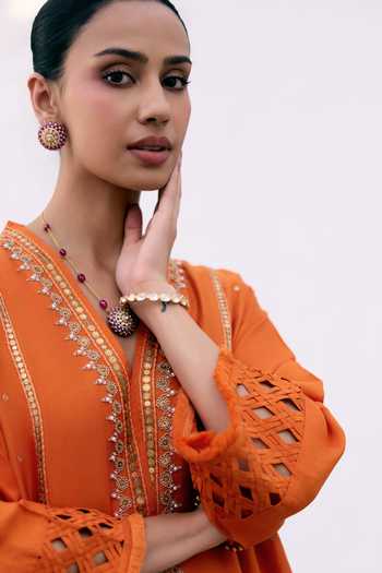 Buy_Pink City by Sarika_Orange Silk V-neck Saffron Embroidered Kurta And Dhoti Pant Set 