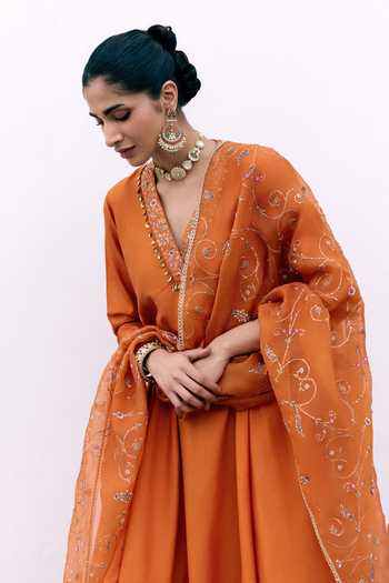 Shop_Pink City by Sarika_Orange Silk, Organza Embroidery V-neck Santari Jaal Anarkali Set _Online_at_Aza_Fashions