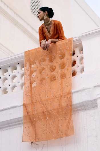 Pink City by Sarika_Orange Silk, Organza Embroidery V-neck Santari Jaal Anarkali Set _at_Aza_Fashions