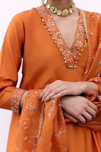 Shop_Pink City by Sarika_Orange Silk, Organza Embroidery V-neck Santari Jaal Anarkali Set 