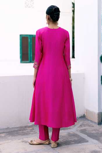 Pink City by Sarika Peacock Border Embroidered Angarkha Set