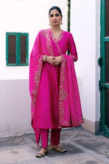 Pink City by Sarika Peacock Border Embroidered Angarkha Set