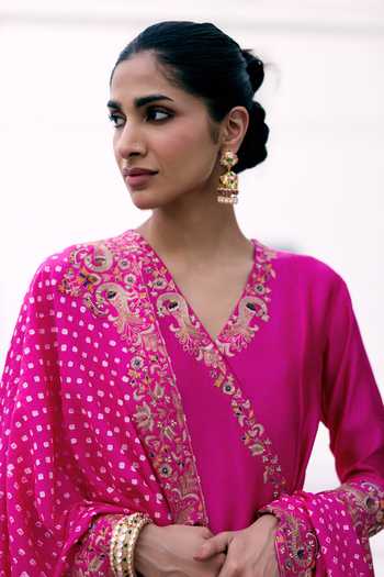 Buy_Pink City by Sarika_Pink Silk, Chanderi V-neck Peacock Border Embroidered Angarkha Set 
