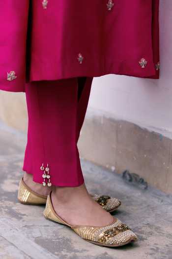 Pink City by Sarika_Pink Silk, Chanderi Round Neck Lotus And Mor Gharchola Kurta Set _Online_at_Aza_Fashions
