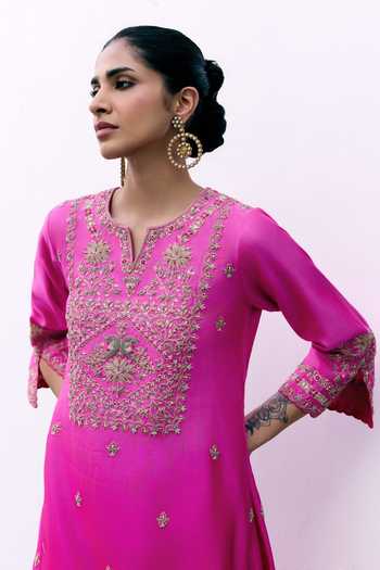 Shop_Pink City by Sarika_Pink Silk, Chanderi Round Neck Lotus And Mor Gharchola Kurta Set 