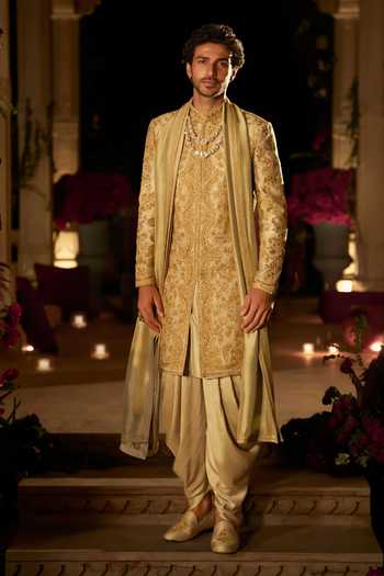 Seema Gujral Slate Gold Sherwani Set 