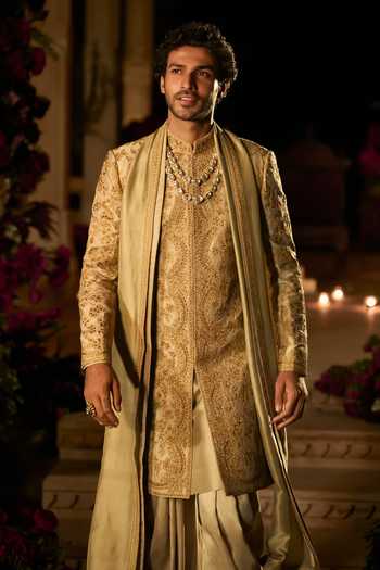 Shop Seema Gujral Gold Silk Slate Sherwani Set Online at Aza Fashions Shop_Seema Gujral_Gold Silk Slate Sherwani Set _Online_at_Aza_Fashions