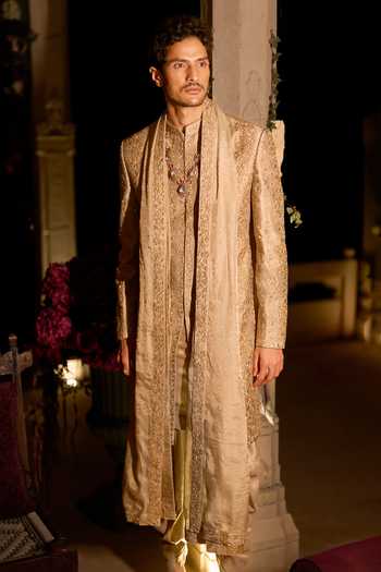 Buy Seema Gujral Gold Silk Zari Champagne Sherwani Set Online at Aza Fashions Buy_Seema Gujral_Gold Silk Zari Champagne Sherwani Set _Online_at_Aza_Fashions