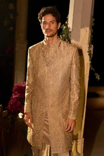 Shop Seema Gujral Gold Silk Zari Champagne Sherwani Set Online at Aza Fashions Shop_Seema Gujral_Gold Silk Zari Champagne Sherwani Set _Online_at_Aza_Fashions