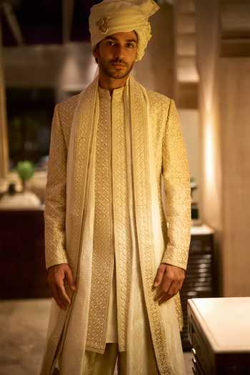 Buy Seema Gujral Gold Silk Raw Embroidered Sherwani Set Online at Aza Fashions Buy_Seema Gujral_Gold Silk Raw Embroidered Sherwani Set _Online_at_Aza_Fashions