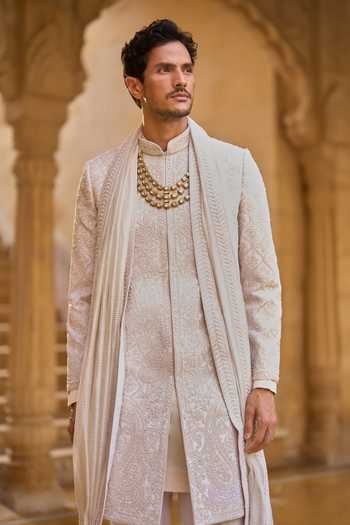 Seema Gujral Ivory Silk Abstract Embroidered Sherwani Set Online at Aza Fashions Seema Gujral_Ivory Silk Abstract Embroidered Sherwani Set _Online_at_Aza_Fashions