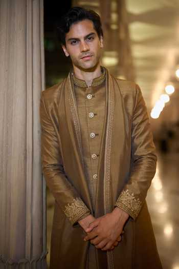 Buy Seema Gujral Gold Silk Antique Sherwani Set Online at Aza Fashions Buy_Seema Gujral_Gold Silk Antique Sherwani Set _Online_at_Aza_Fashions