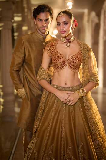 Shop Seema Gujral Gold Silk Antique Sherwani Set Online at Aza Fashions Shop_Seema Gujral_Gold Silk Antique Sherwani Set _Online_at_Aza_Fashions
