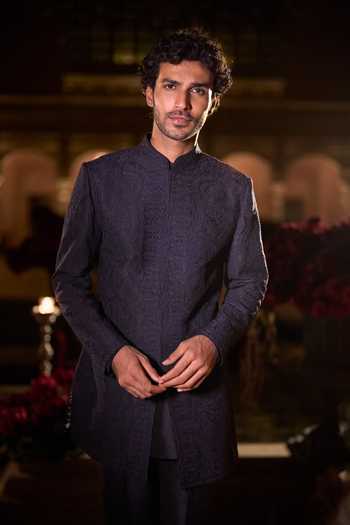 Buy Seema Gujral Blue Silk Abstract Embroidered Sherwani Set Online at Aza Fashions Buy_Seema Gujral_Blue Silk Abstract Embroidered Sherwani Set _Online_at_Aza_Fashions