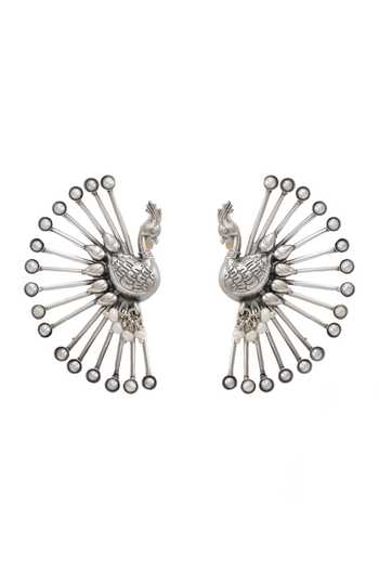 Sangeeta Boochra_Silver Plated Pearl Accent Pair Of Peacock Cuffs _Online_at_Aza_Fashions
