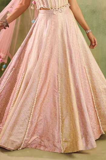 Reeti Arneja Pink Silk Pearls Bandeau Neck Rose Paisley Lehenga Corset Set Online at Aza Fashions Reeti Arneja_Pink Silk Pearls Bandeau Neck Rose Paisley Lehenga Corset Set _Online_at_Aza_Fashions