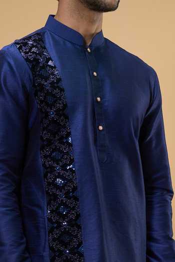 Arihant Rai Sinha Blue Silk, Chanderi Zari Thread Embroidered Kurta And Churidar Set at Aza Fashions Arihant Rai Sinha_Blue Silk, Chanderi Zari Thread Embroidered Kurta And Churidar Set _at_Aza_Fashions