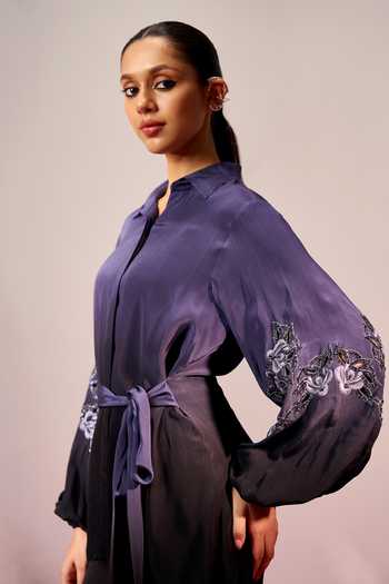 Buy Sakshi Khetterpal Blue Crepe Collared Neck Tie Up Shirt And Pant Co-ord Set Online at Aza Fashions Buy_Sakshi Khetterpal_Blue Crepe Collared Neck Tie Up Shirt And Pant Co-ord Set _Online_at_Aza_Fashions