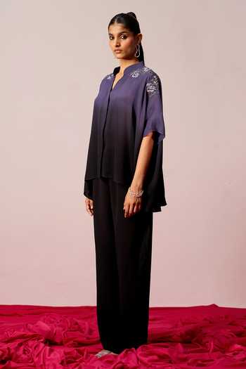 Buy Sakshi Khetterpal Blue Crepe Mandarin Collar Embroidered Shoulder Shirt And Pant Set Online at Aza Fashions Buy_Sakshi Khetterpal_Blue Crepe Mandarin Collar Embroidered Shoulder Shirt And Pant Set _Online_at_Aza_Fashions