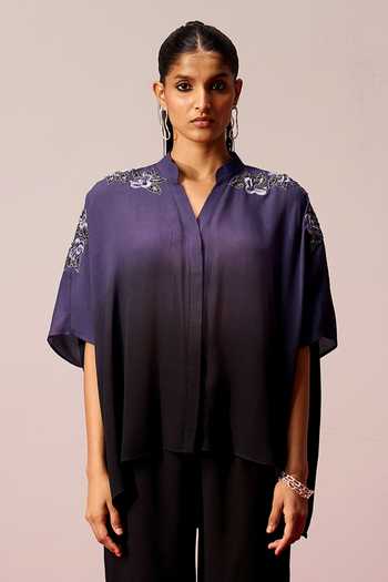 Shop Sakshi Khetterpal Blue Crepe Mandarin Collar Embroidered Shoulder Shirt And Pant Set Online at Aza Fashions Shop_Sakshi Khetterpal_Blue Crepe Mandarin Collar Embroidered Shoulder Shirt And Pant Set _Online_at_Aza_Fashions