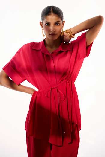 Sakshi Khetterpal Pink Crepe Collared Neck String Tie-up Shirt And Pant Co-ord Set Online at Aza Fashions Sakshi Khetterpal_Pink Crepe Collared Neck String Tie-up Shirt And Pant Co-ord Set _Online_at_Aza_Fashions