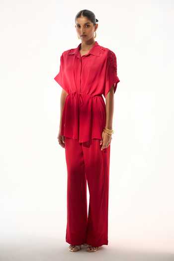 Buy Sakshi Khetterpal Pink Crepe Collared Neck String Tie-up Shirt And Pant Co-ord Set Online at Aza Fashions Buy_Sakshi Khetterpal_Pink Crepe Collared Neck String Tie-up Shirt And Pant Co-ord Set _Online_at_Aza_Fashions