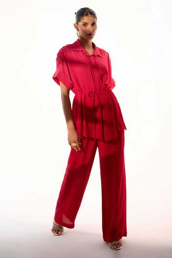 Sakshi Khetterpal Pink Crepe Collared Neck String Tie-up Shirt And Pant Co-ord Set at Aza Fashions Sakshi Khetterpal_Pink Crepe Collared Neck String Tie-up Shirt And Pant Co-ord Set _at_Aza_Fashions