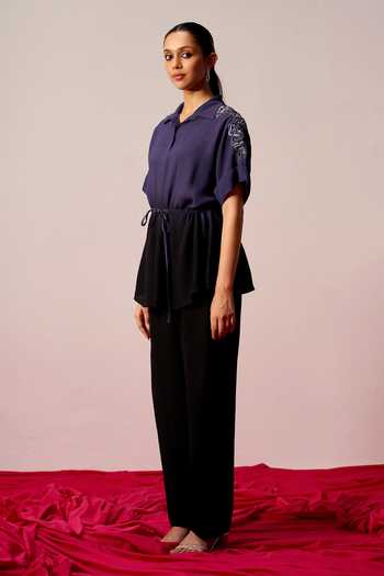 Sakshi Khetterpal Blue Crepe Collared Neck Tie-up String Shirt And Pant Co-ord Set Online at Aza Fashions Sakshi Khetterpal_Blue Crepe Collared Neck Tie-up String Shirt And Pant Co-ord Set _Online_at_Aza_Fashions