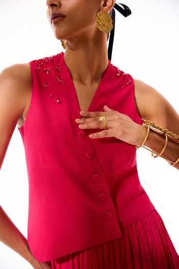 Sakshi Khetterpal Pink Crepe V-neck Embroidered Blazer And Skirt Co-ord Set Online at Aza Fashions Sakshi Khetterpal_Pink Crepe V-neck Embroidered Blazer And Skirt Co-ord Set _Online_at_Aza_Fashions