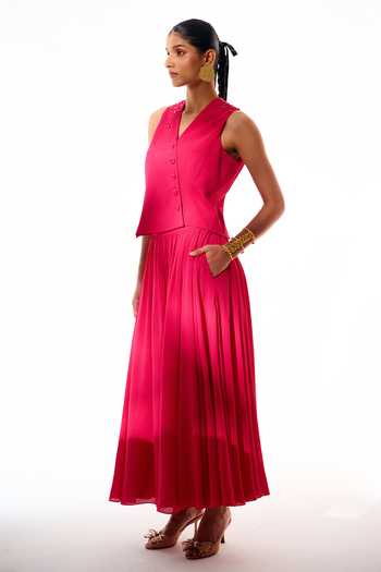Buy Sakshi Khetterpal Pink Crepe V-neck Embroidered Blazer And Skirt Co-ord Set Online at Aza Fashions Buy_Sakshi Khetterpal_Pink Crepe V-neck Embroidered Blazer And Skirt Co-ord Set _Online_at_Aza_Fashions