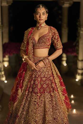 Seema Gujral Maroon Velvet, Organza Leaf Neck Zardozi Work Bridal Lehenga Set Online at Aza Fashions Seema Gujral_Maroon Velvet, Organza Leaf Neck Zardozi Work Bridal Lehenga Set _Online_at_Aza_Fashions