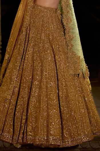 Buy_Seema Gujral_Gold Net Sweetheart Neck Antique Bridal Lehenga Set _Online_at_Aza_Fashions