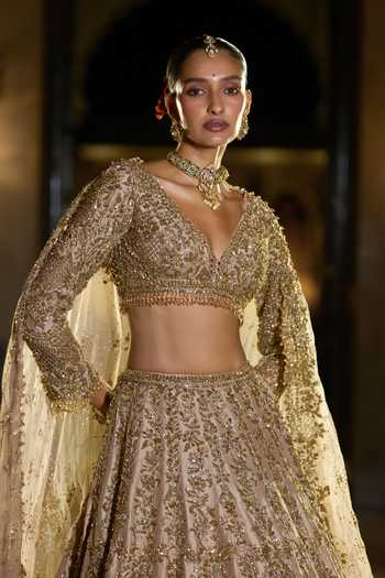 Shop Seema Gujral Gold Silk, Organza Plunge Neck Antique Bridal Lehenga Set Online at Aza Fashions Shop_Seema Gujral_Gold Silk, Organza Plunge Neck Antique Bridal Lehenga Set _Online_at_Aza_Fashions