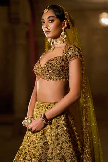 Seema Gujral Green Velvet, Organza Sweetheart Neck Zardozi Work Bridal Lehenga Set at Aza Fashions Seema Gujral_Green Velvet, Organza Sweetheart Neck Zardozi Work Bridal Lehenga Set _at_Aza_Fashions