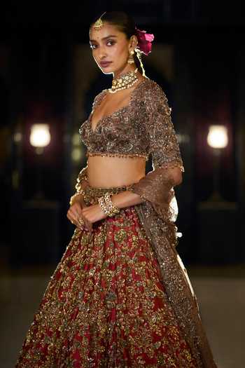 Seema Gujral_Gold Silk, Tissue, Organza Cowl Neck Antique Maroon Bridal Lehenga Set _Online_at_Aza_Fashions