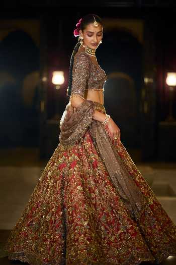 Buy_Seema Gujral_Gold Silk, Tissue, Organza Cowl Neck Antique Maroon Bridal Lehenga Set _Online_at_Aza_Fashions