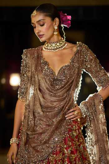 Shop_Seema Gujral_Gold Silk, Tissue, Organza Cowl Neck Antique Maroon Bridal Lehenga Set _Online_at_Aza_Fashions