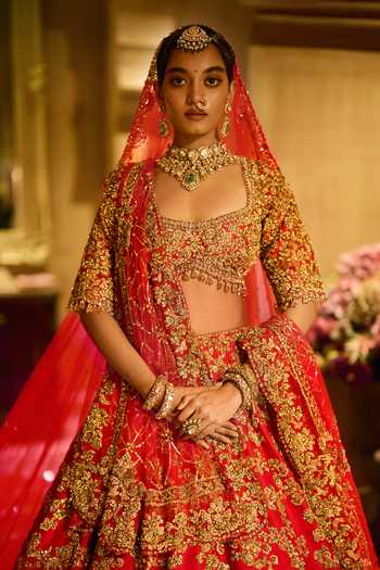 Seema Gujral Red Silk, Net Raw Bridal Lehenga Set Online at Aza Fashions Seema Gujral_Red Silk, Net Raw Bridal Lehenga Set _Online_at_Aza_Fashions