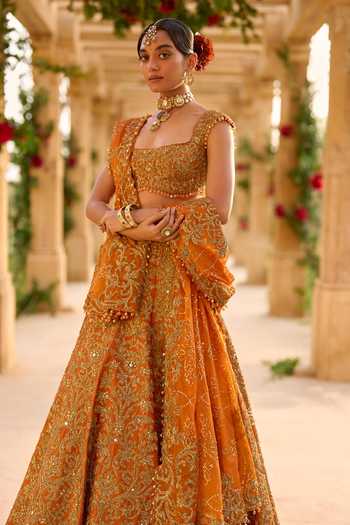 Buy Seema Gujral Orange Silk, Organza Sweetheart Neck Rust Zardozi Bridal Lehenga Set Online at Aza Fashions Buy_Seema Gujral_Orange Silk, Organza Sweetheart Neck Rust Zardozi Bridal Lehenga Set _Online_at_Aza_Fashions