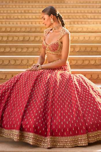 Shop_Seema Gujral_Red Silk, Organza Sweetheart Neck Zardozi Work Bridal Lehenga Set _Online_at_Aza_Fashions
