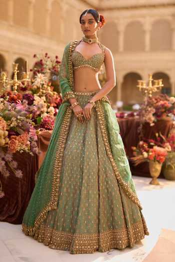 Buy_Seema Gujral_Green Silk, Organza Sweetheart Neck Gold Zardozi Bridal Lehenga Set _Online_at_Aza_Fashions