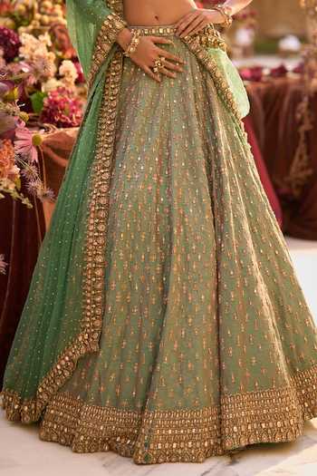 Shop_Seema Gujral_Green Silk, Organza Sweetheart Neck Gold Zardozi Bridal Lehenga Set _Online_at_Aza_Fashions