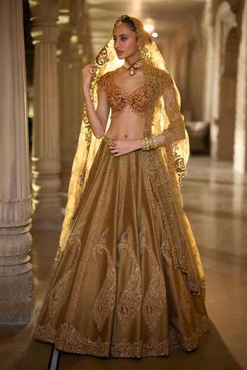 Seema Gujral Gold Velvet, Silk, Net Sweetheart Neck Paisley Embroidered Lehenga Set at Aza Fashions Seema Gujral_Gold Velvet, Silk, Net Sweetheart Neck Paisley Embroidered Lehenga Set _at_Aza_Fashions
