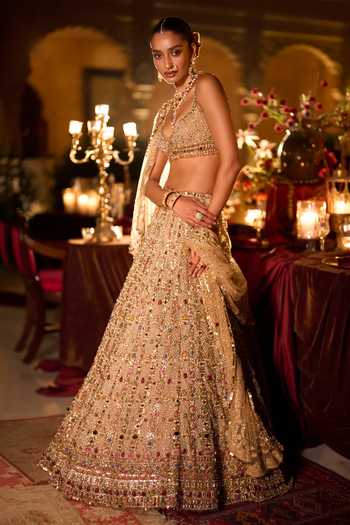 Seema Gujral Multi Color Net Plunge Neck Stone And Pearl Embroidered Bridal Lehenga Set at Aza Fashions Seema Gujral_Multi Color Net Plunge Neck Stone And Pearl Embroidered Bridal Lehenga Set _at_Aza_Fashions